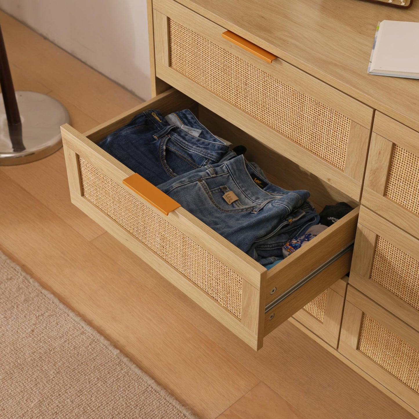 FUQARHY Rattan Dresser for Bedroom, Modern 6 Drawer Double Dresser with Gold Handles, Wood Storage Chest of Drawers fo Bedroom,Living Room,Hallway (Natural)