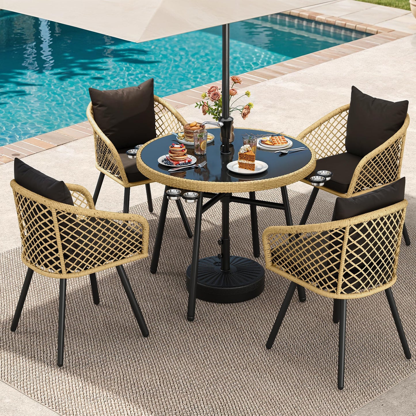 YITAHOME 6 Piece Patio Dining Set w/10ft Umbrella, 4-Person Outdoor Dining Set w/Tempered Glass Tabletop & 4 Dining Chairs, Outdoor Patio Dining Set for Deck Lawn Porch