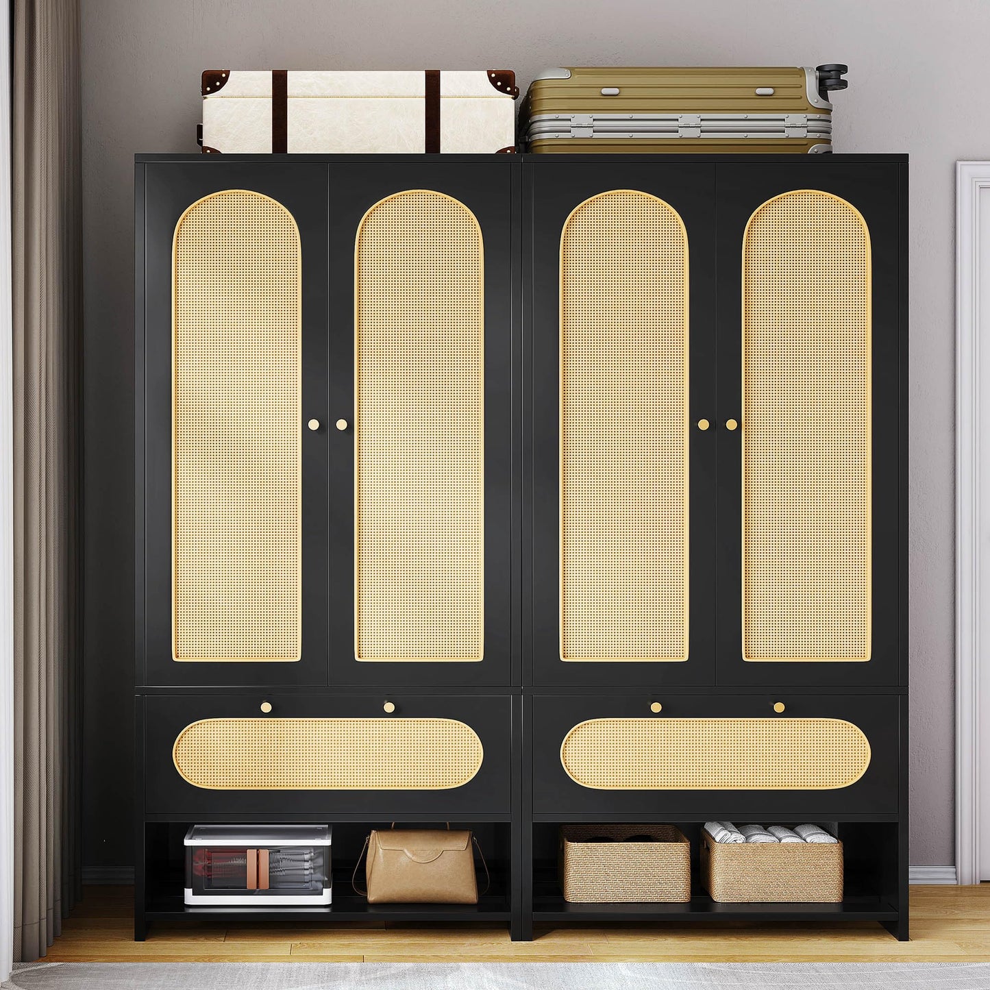 DWVO Rattan Armoire Wardrobe Closet - 70" Tall Rattan Closet with Doors, Large Storage Cabinet with Drawers & Hanging Rod - Black