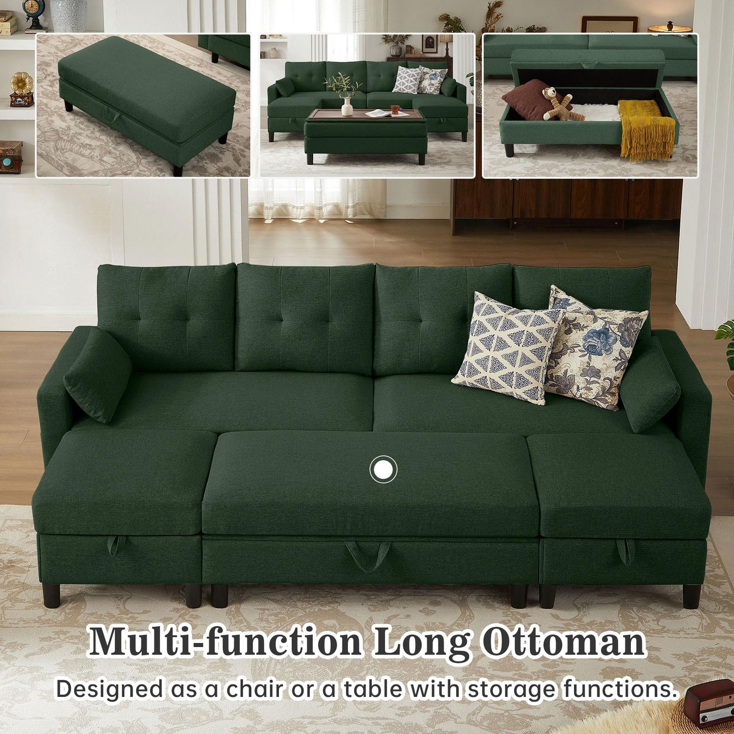Pingliang Home 101" Convertible Sectional Sofa with Ottoman Coffee Table, Modern Linen Fabric U-Shaped Couch with Storage Pocket, 4 Seat Sofa Couches for Living Room, Apartment, Office, Green