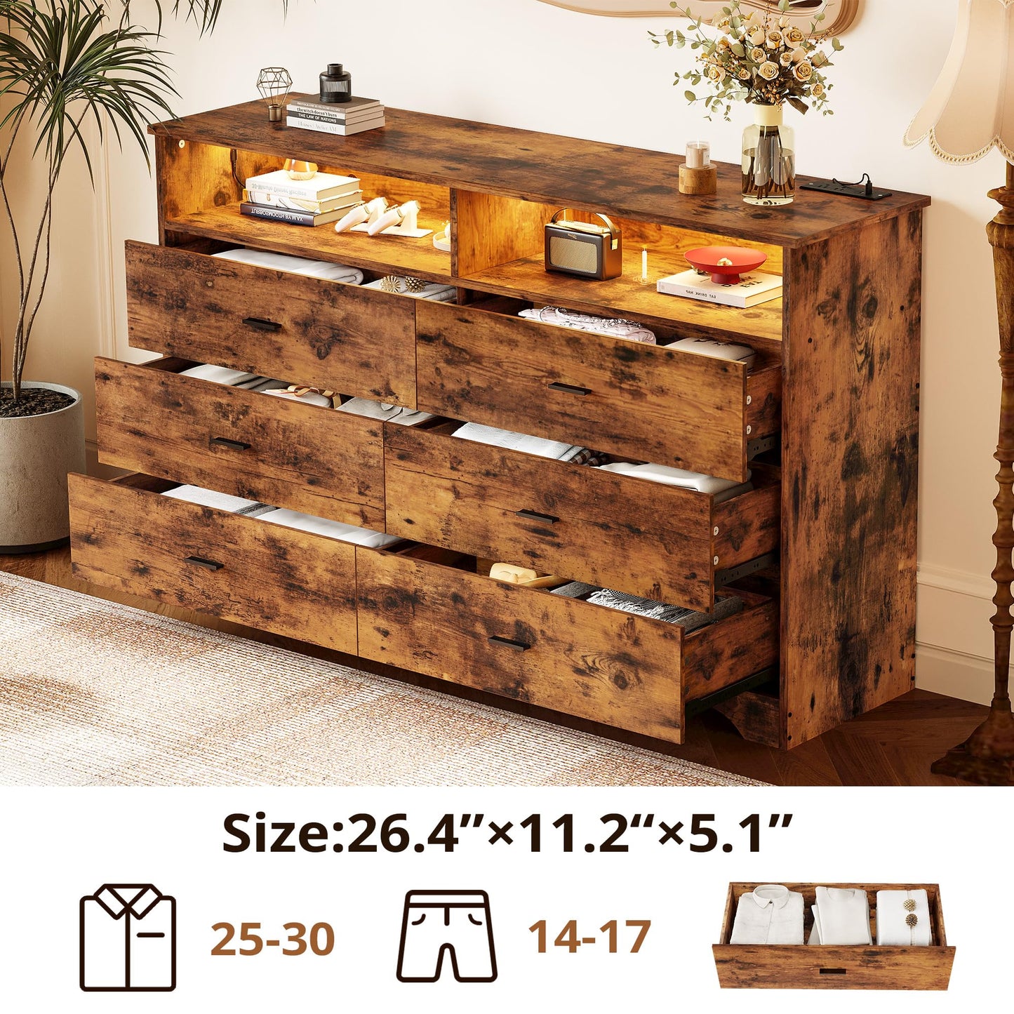 LIKIMIO 6 Drawer 59" Brown Dresser with LED and Power Strip, Dressers & Chests of Drawers with Storage Cabinet for Bedroom