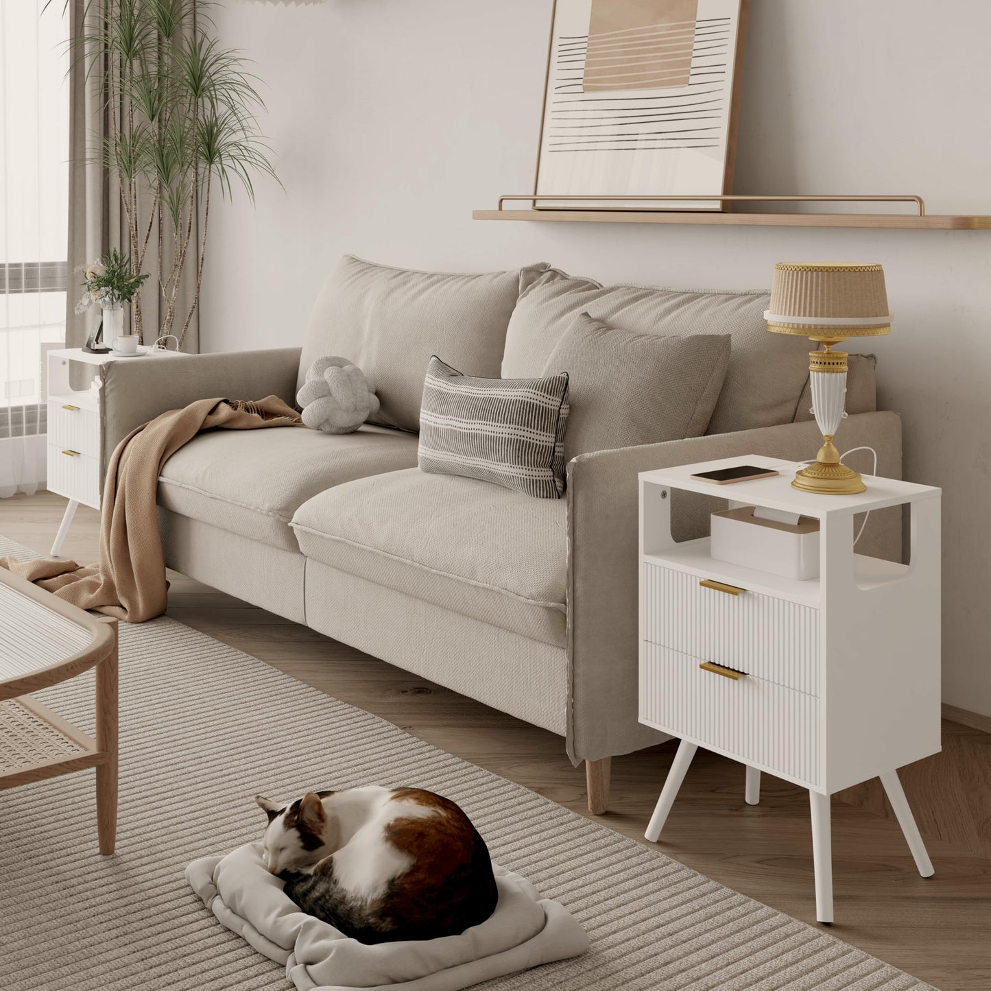 JOONEE White Nightstand with Charging Station and LED Lights,Modern Bedside Table with 2 Storage Drawer and Open Wood Shelf, for Bedroom and Small Spaces,Night Stand with Solid Wood Legs,White