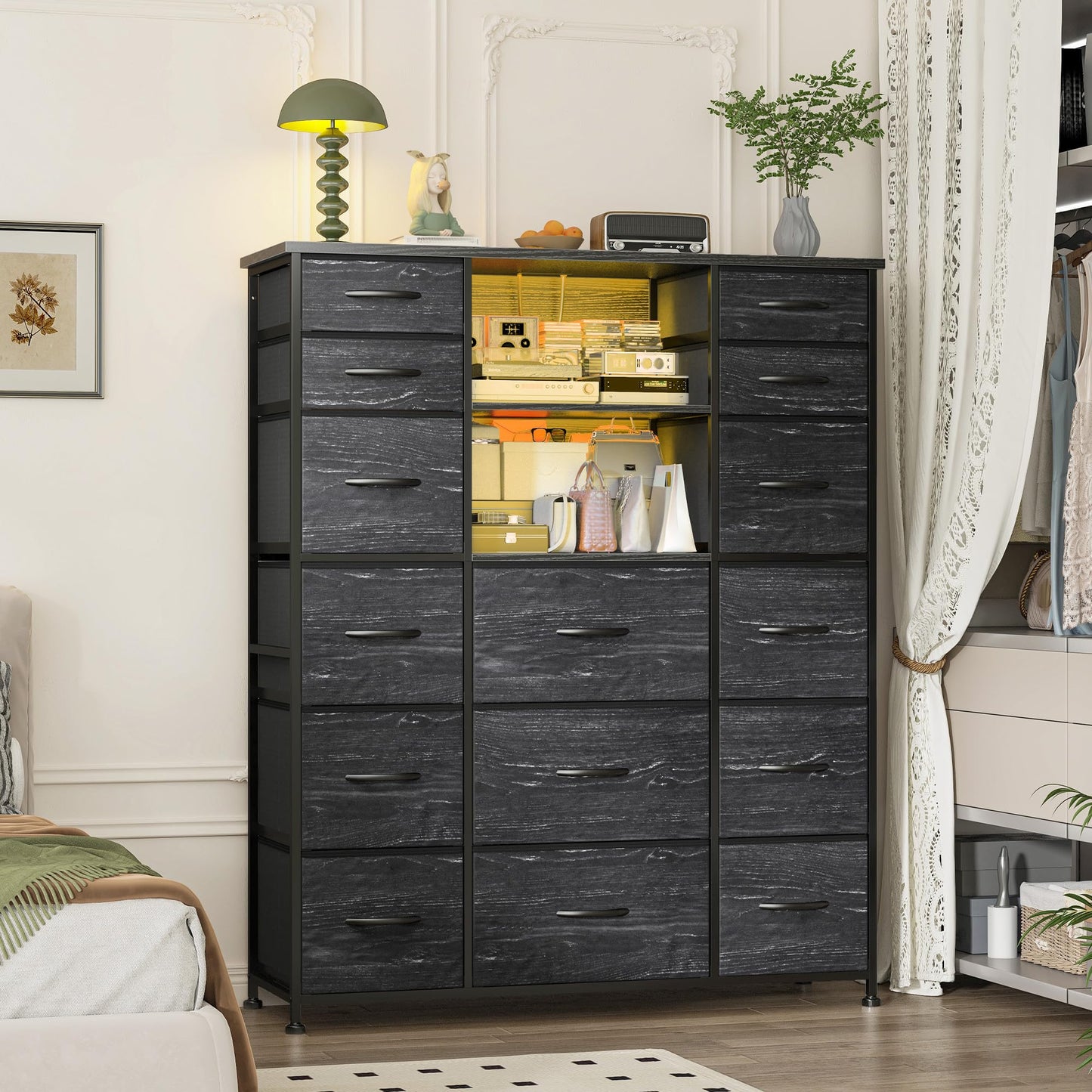 EnHomee 51" H Tall Dresser with 15 Drawers Dresser for Bedroom with Charging Station & LED Lights & Hutch Sturdy Black Bedroom Dressers, Steel Frame, Wood Top, 51.2" H x 39.3" W x 11.8" D