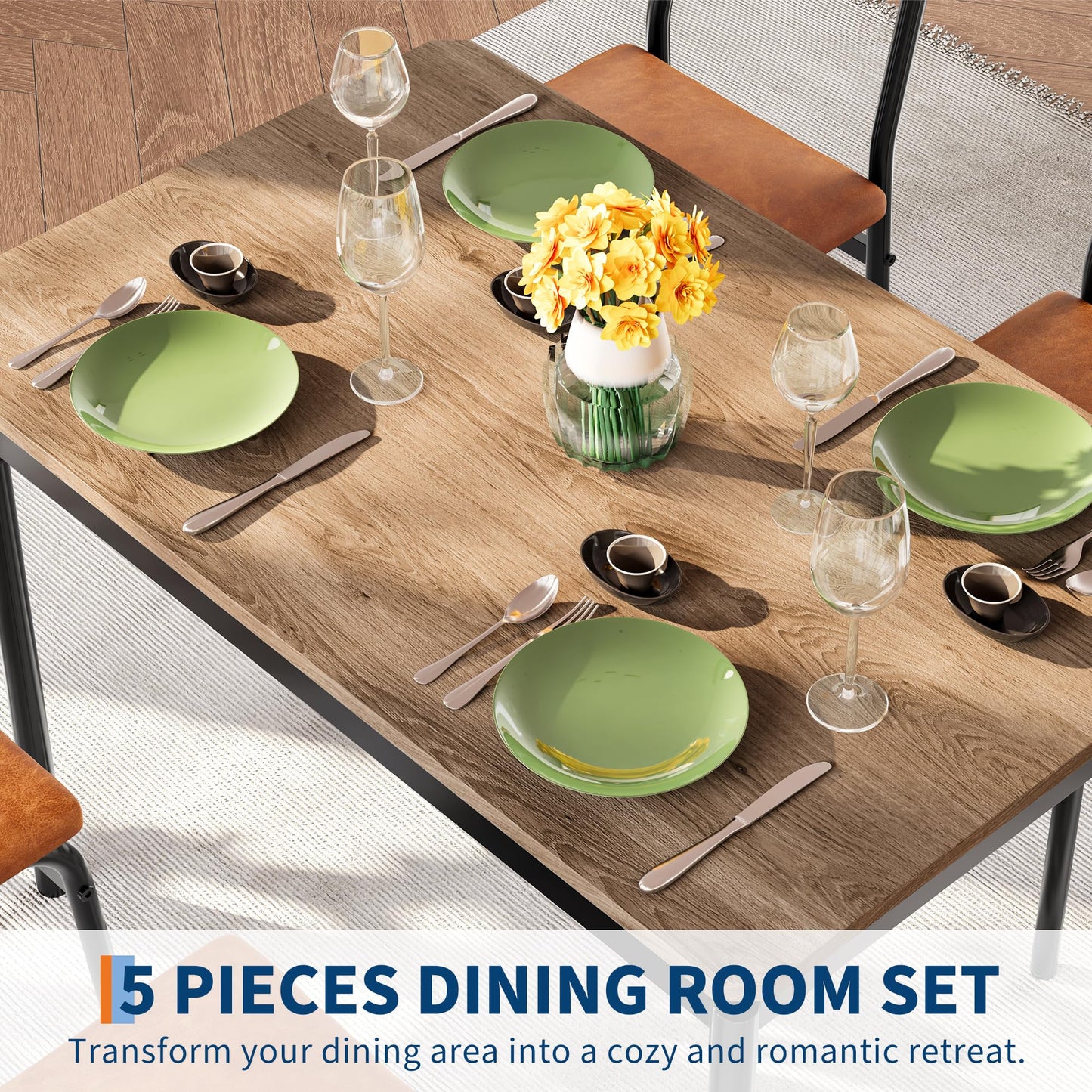 GarveeHome 5 Piece Dining Table Set, Wooden Kitchen Table Set with 4 PU Upholstered Chair, Industrial Metal Frame Dinette Set for Dining Room, Home Dinner, Party, Apartment, Brown