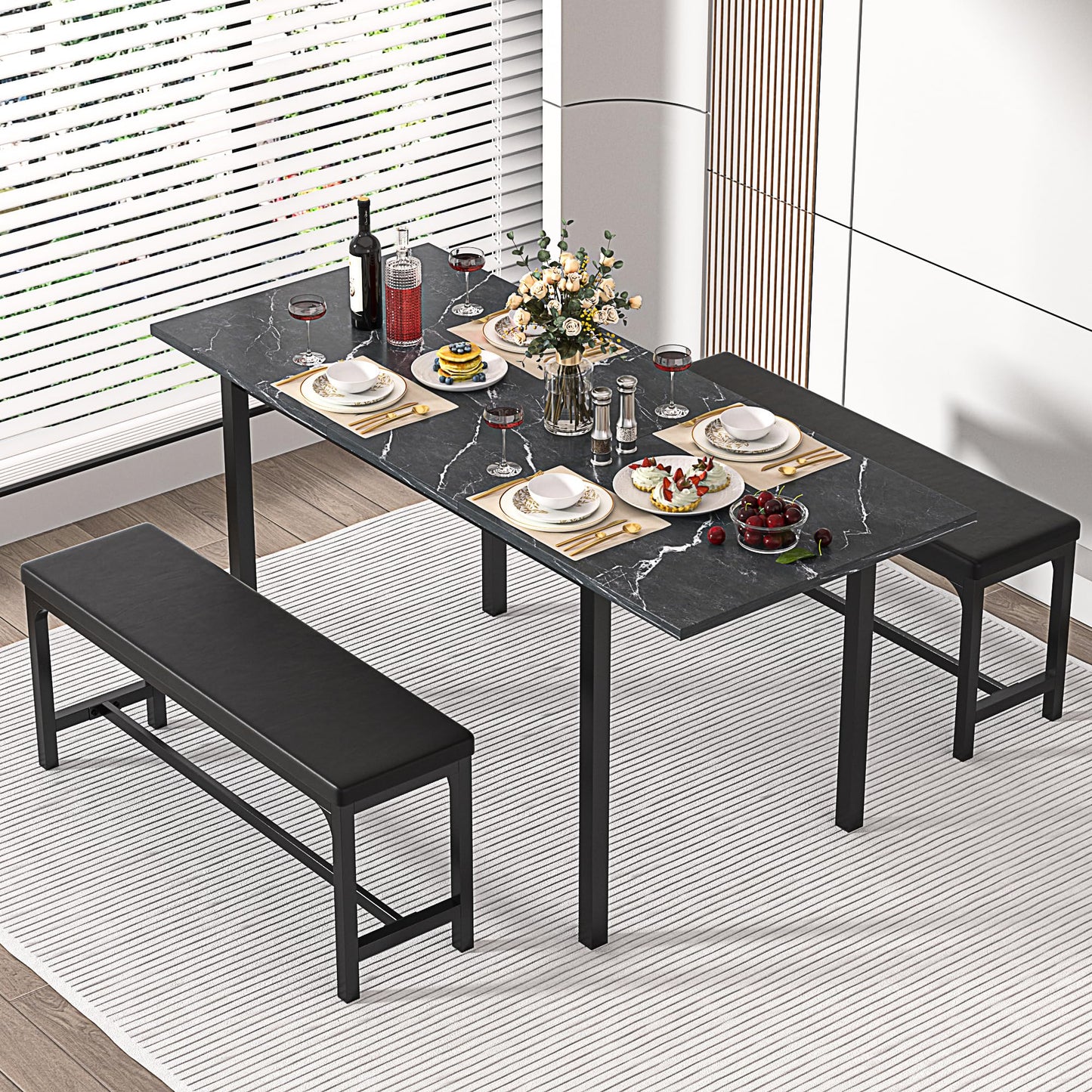 VECELO 3-Piece 63" Extendable Kitchen Table with Benches/Chairs, Modern Breakfast Dinette/Dining Room Set for 4/6/2, Small Space Saving Design, Easy Assembly