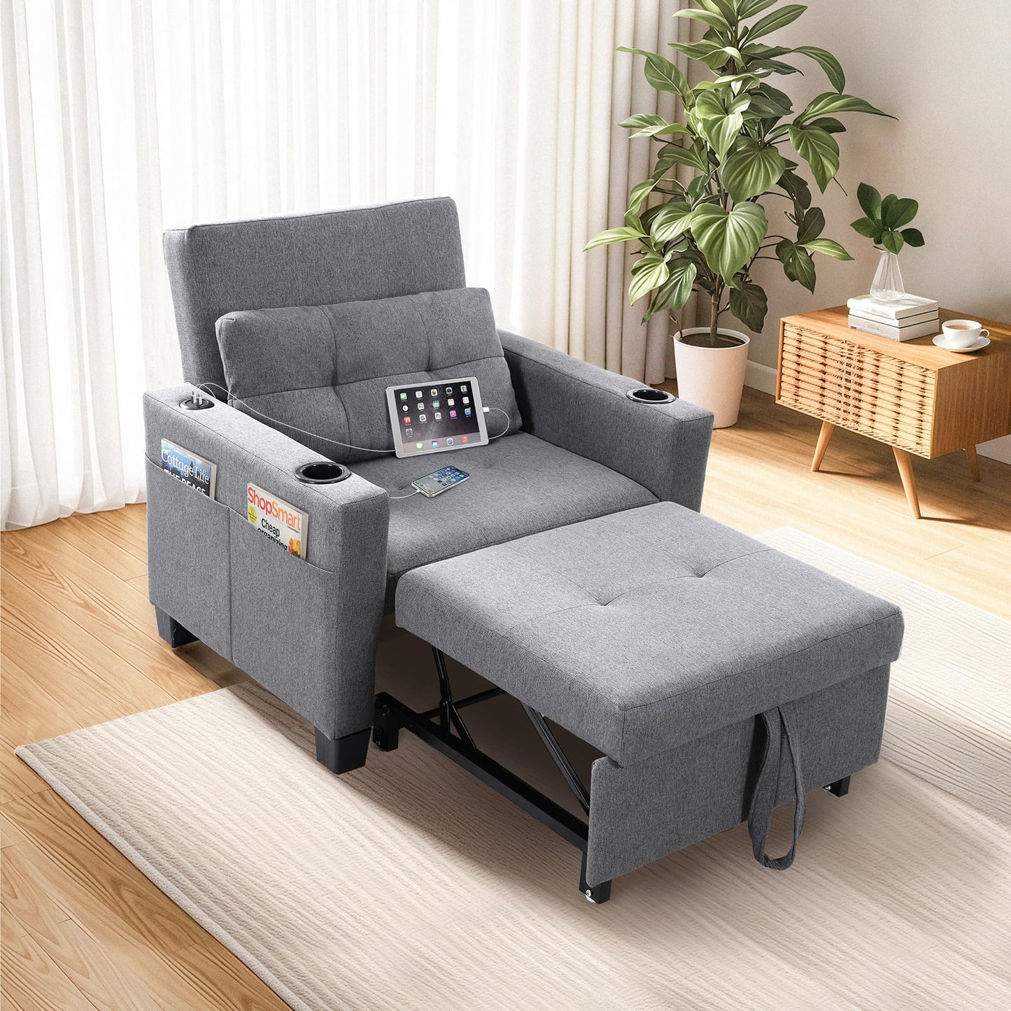 FLEXISPOT Sleeper Chair Bed with USB Ports & Cup Holders, 3-in-1 Convertible Sofa Bed for Living Room, Pull-Out Recliner Chair with Pillows, Adjustable Backrest, Small Space Furniture (Gray)