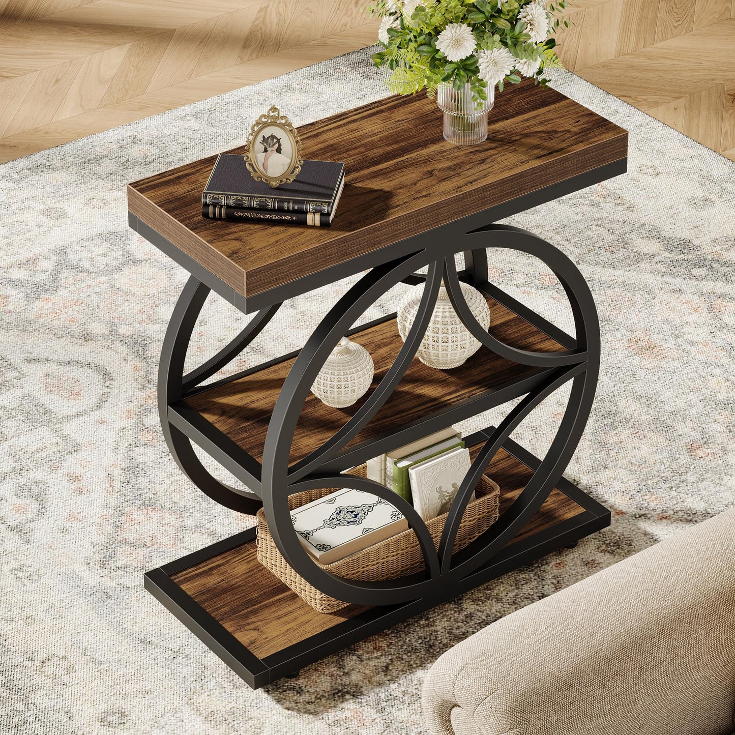Tribesigns Side Table for Living Room, Narrow Small End Table with 3-Tier Storage, Wooden Industrial Bedside Nightstand with Metal Frame, Rustic Brown