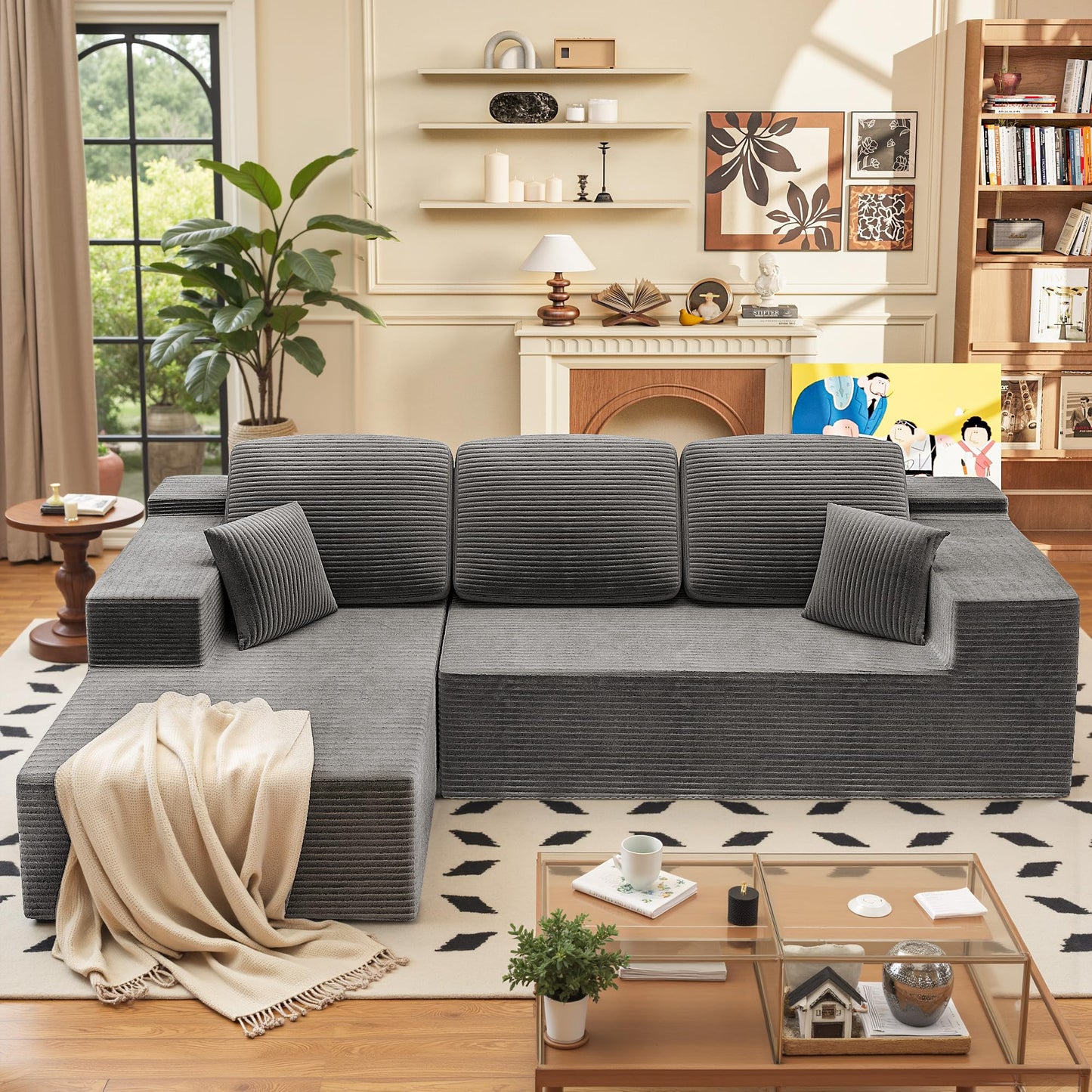 Homall 108" Modular Sectional Sofa, Boneless Couch with L-Shape Chaise, Cloud Couch with Deep Seat Upholstered, No Assembly Required for Living Room, Bedroom (Corduroy, Grey)