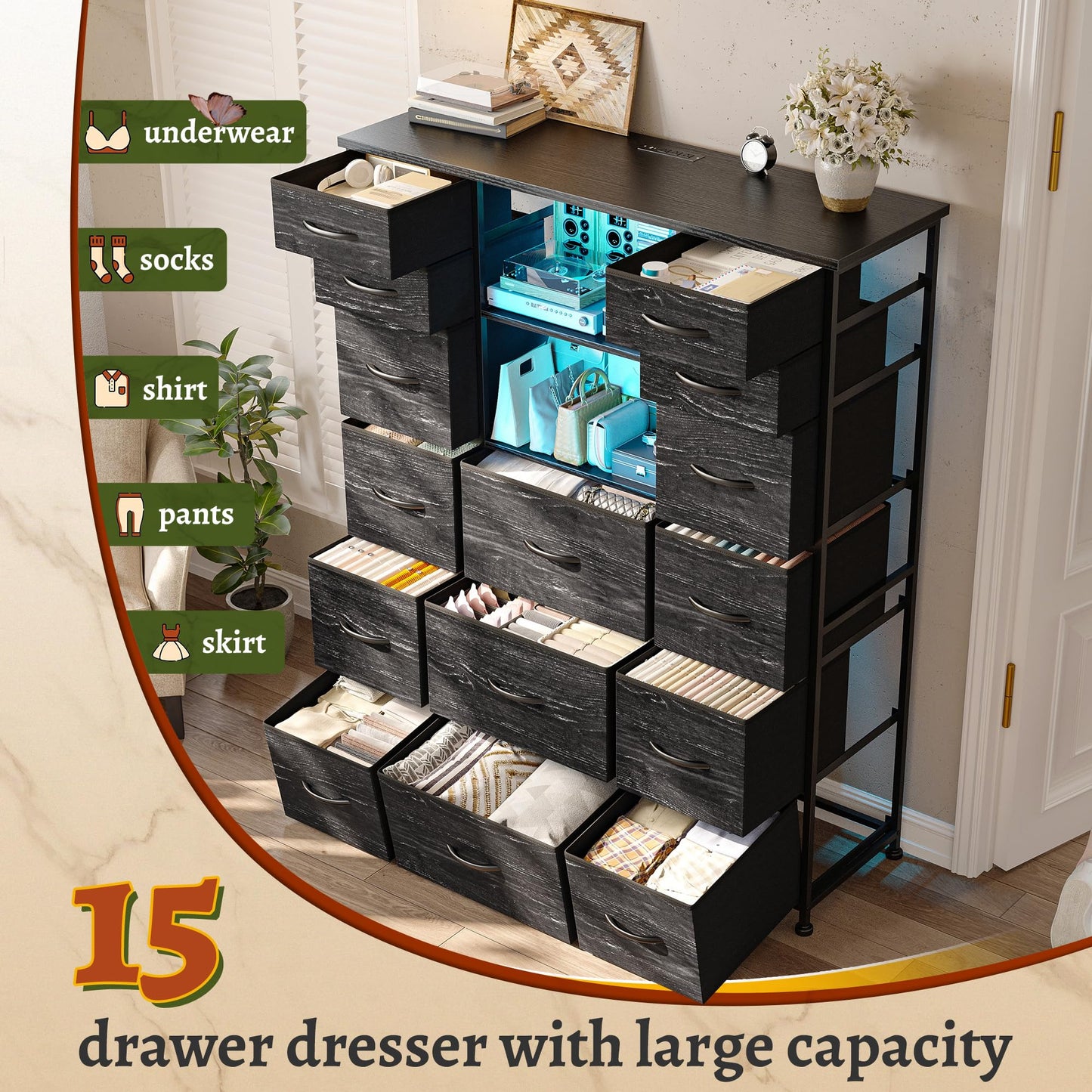 EnHomee 51" H Tall Dresser with 15 Drawers Dresser for Bedroom with Charging Station & LED Lights & Hutch Sturdy Black Bedroom Dressers, Steel Frame, Wood Top, 51.2" H x 39.3" W x 11.8" D