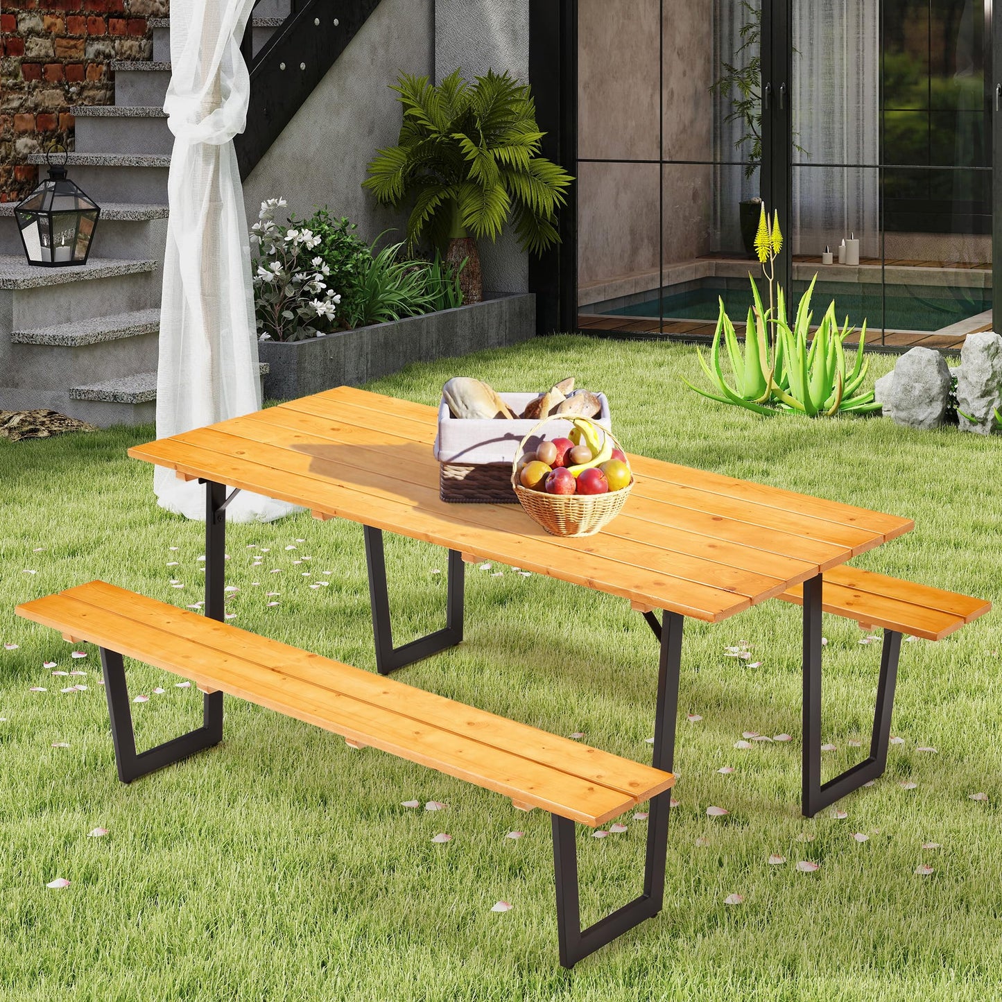 AVAWING 70" Wood Picnic Table for Outdoor, Rectangle Patio Dining Table and Bench Set, Heavy-Duty Picnic Beer Table Bench Set for Garden, Lawn & Backyard, Yellow