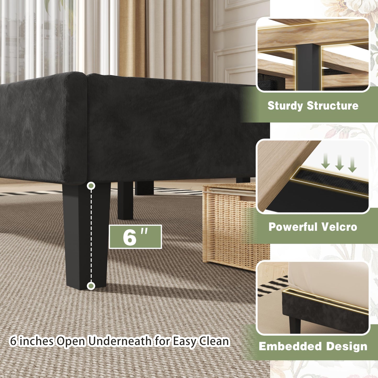 SUNLEI Queen Size Bed Frame with Diamond Tufted Headboard and Storage, Upholstered Platform Bed Frame Queen with 2 Large Wingbacks, Sturdy Wooden Slats Support, Easy Assembly, Velvet Black