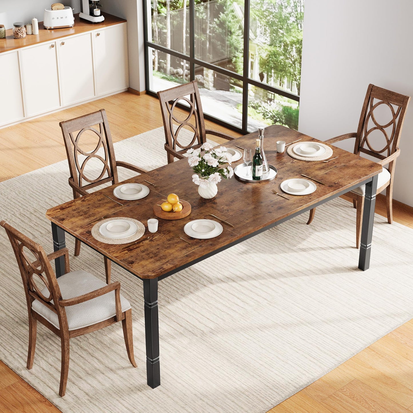 GAOMON Dining Table for 6-8 People - 78.7" Farmhouse Rustic Industrial Kitchen Table with Sturdy Metal Frame & Chamfered Corners, Wood Tabletop for Dining Room, Breakfast Nook, Small Space