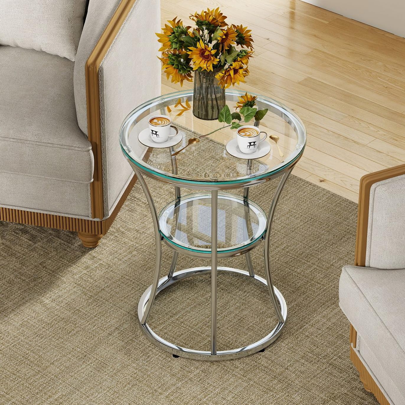 O&K FURNITURE Round End Table with Tempered Glass, Small Silver Side Table for Small Spaces, Nightstand with Shelf for Living Room, Bedroom, Office,Chrome Finish, 1 PC