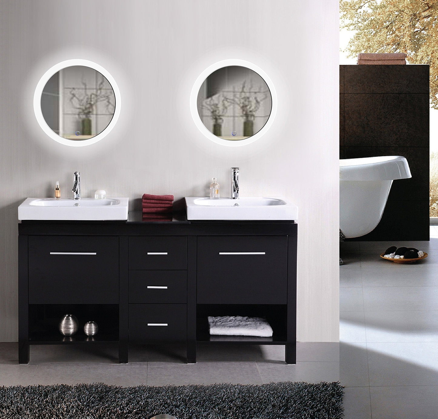 Krugg LED Bathroom Round Mirror 22 Inch Diameter | Lighted Vanity Mirror Dimmer & Defogger | Silver Backed Glass | |