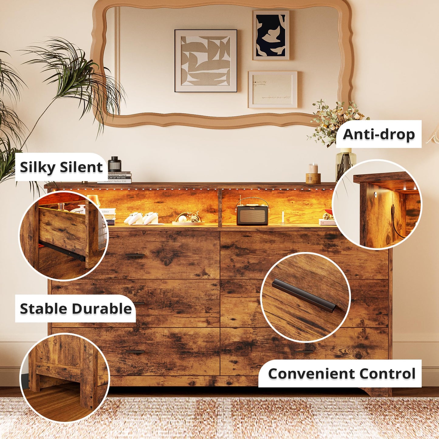 LIKIMIO 6 Drawer 59" Brown Dresser with LED and Power Strip, Dressers & Chests of Drawers with Storage Cabinet for Bedroom