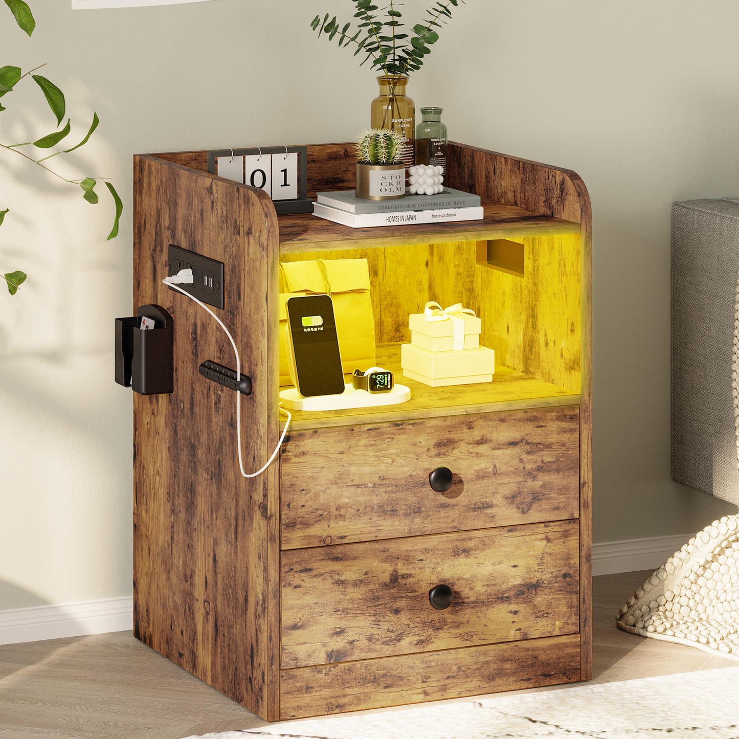 LIKIMIO Nightstand with LED, Charging Station & USB Ports, Night Table with 2 Drawers and Open Shelf, Adjustable Light, Vintage Brown
