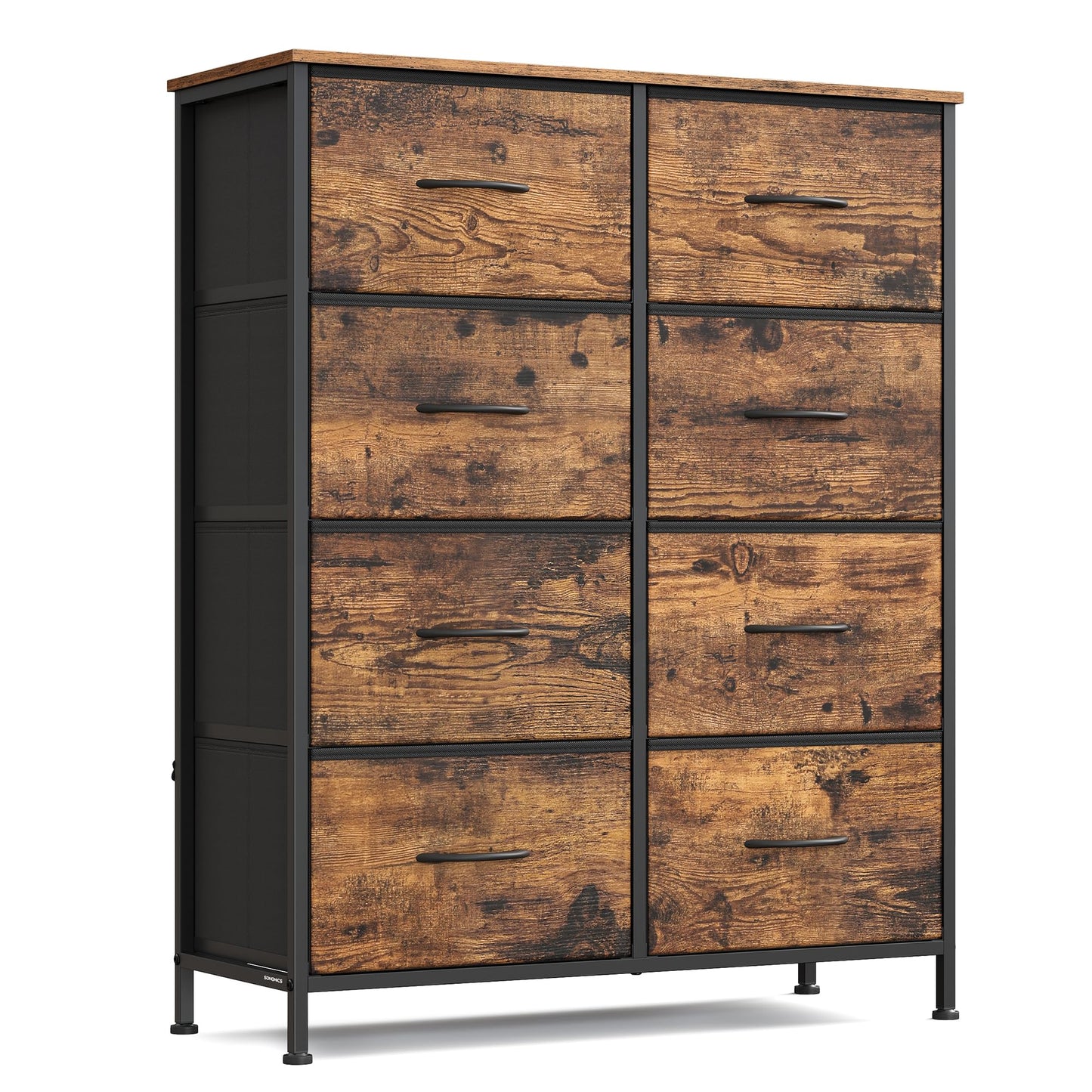SONGMICS Dresser for Bedroom, Chest of Drawers, Steel, MDF, 8 Non-Woven Fabric Drawers, Storage Organizer Unit, Closet, Entryway, Rustic Brown and Ink Black ULGS124B02S