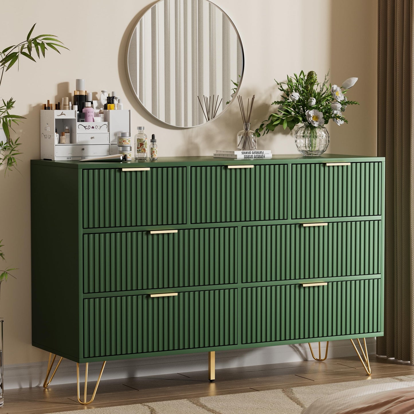 Furniway Dresser for Bedroom, Fluted Modern Dresser with Gold Pulls and 7 Drawers, 15.7" D x 47.2" W x 31.4" H, Green