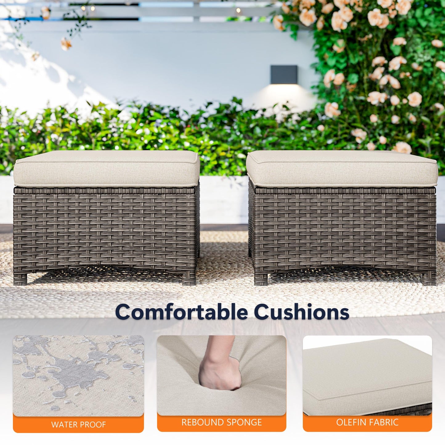 MaxMulti 2 Pieces Patio Ottomans, Outdoor Wicker Footrest Seat with Removable Cushions, Multipurpose Patio Furniture for Outdoor, Backyard and Deck Use (Beige)