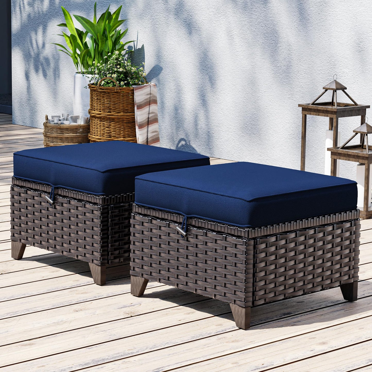 MaxMulti Patio Ottomans Set of 2, Outdoor Wicker Footrest with Thickened Cushions, Outdoor Rattan Ottoman for Porch, Backyard and Deck (Blue)