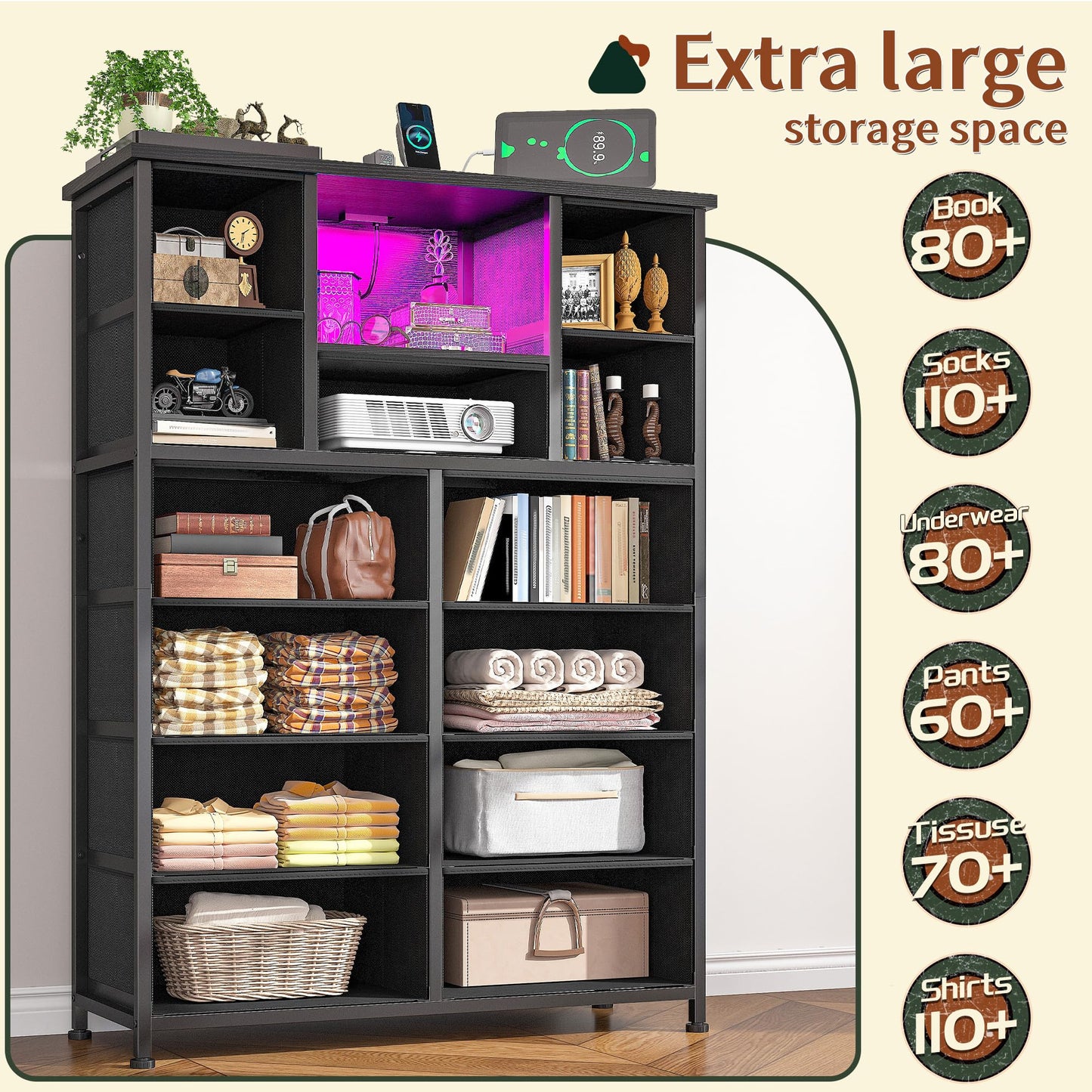 Romorgniz 13 Drawer Dresser for Bedrom,Tall Black Chest of Drawers for Bedroom with Led Light and 4 Charging Ports,Hallway, Closet, Entryway,11.8" D x 35.4" W x 47.3" H