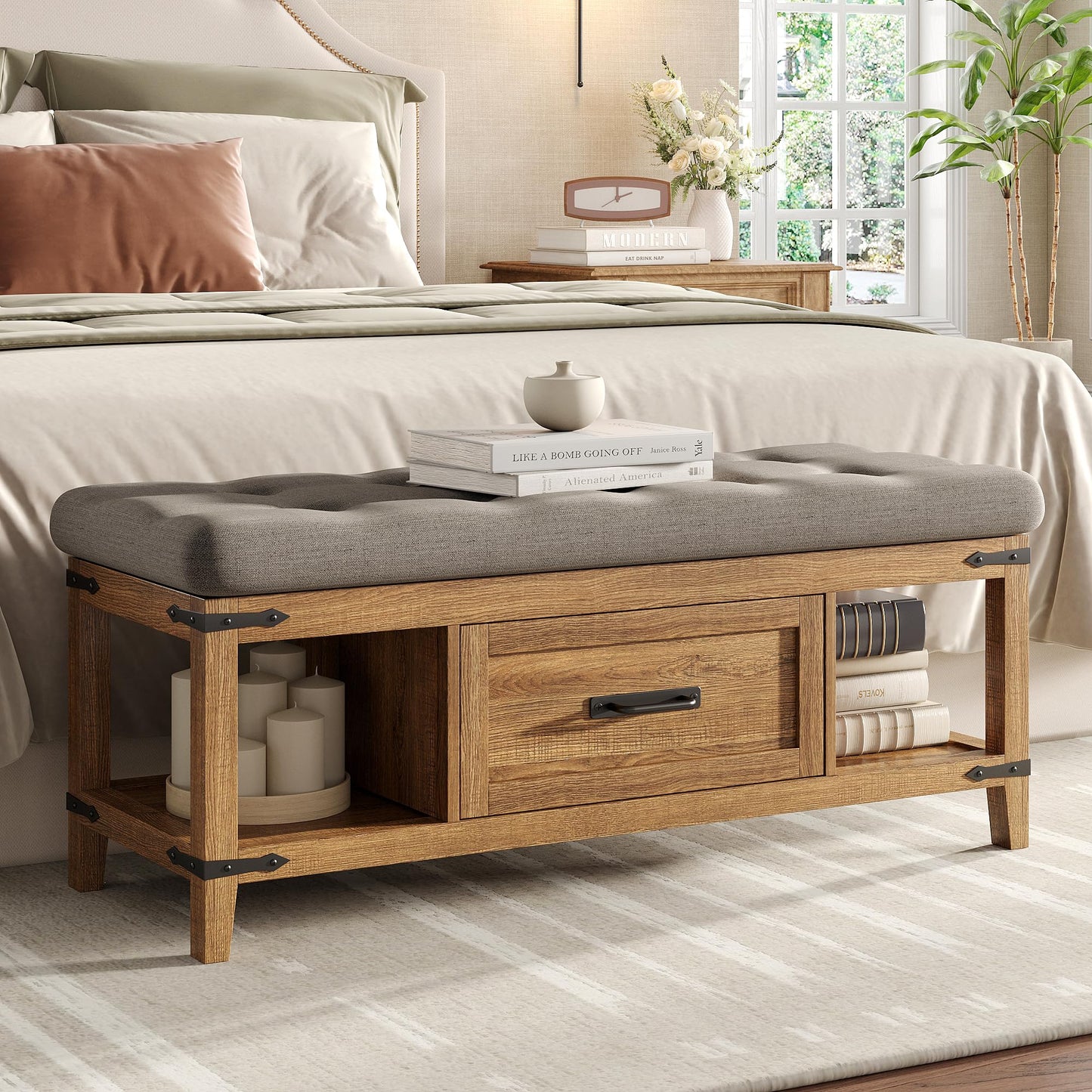 Maupvit Entryway Bench with Shoe Storage, Shoe Rack with Cushion for Living Room, End of Bed Bench for Bedroom, 15.7" D x 43.3" W x 18.1" H