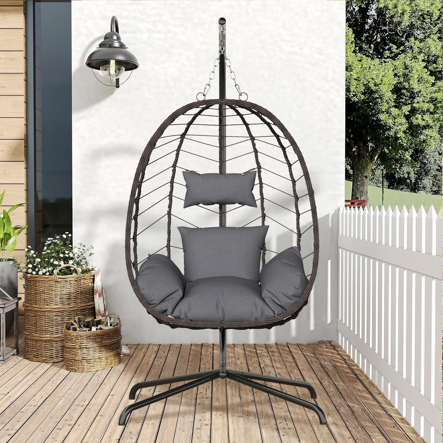 LEX CRAFT Hanging Egg Chair with Stand, Swinging Egg Chair Outdoor Indoor, Hanging Basket Chair with Cushion, Patio Wicker Hammock Chair 350lbs Capacity for Bedroom, Balcony, Backyard, Garden (Grey)