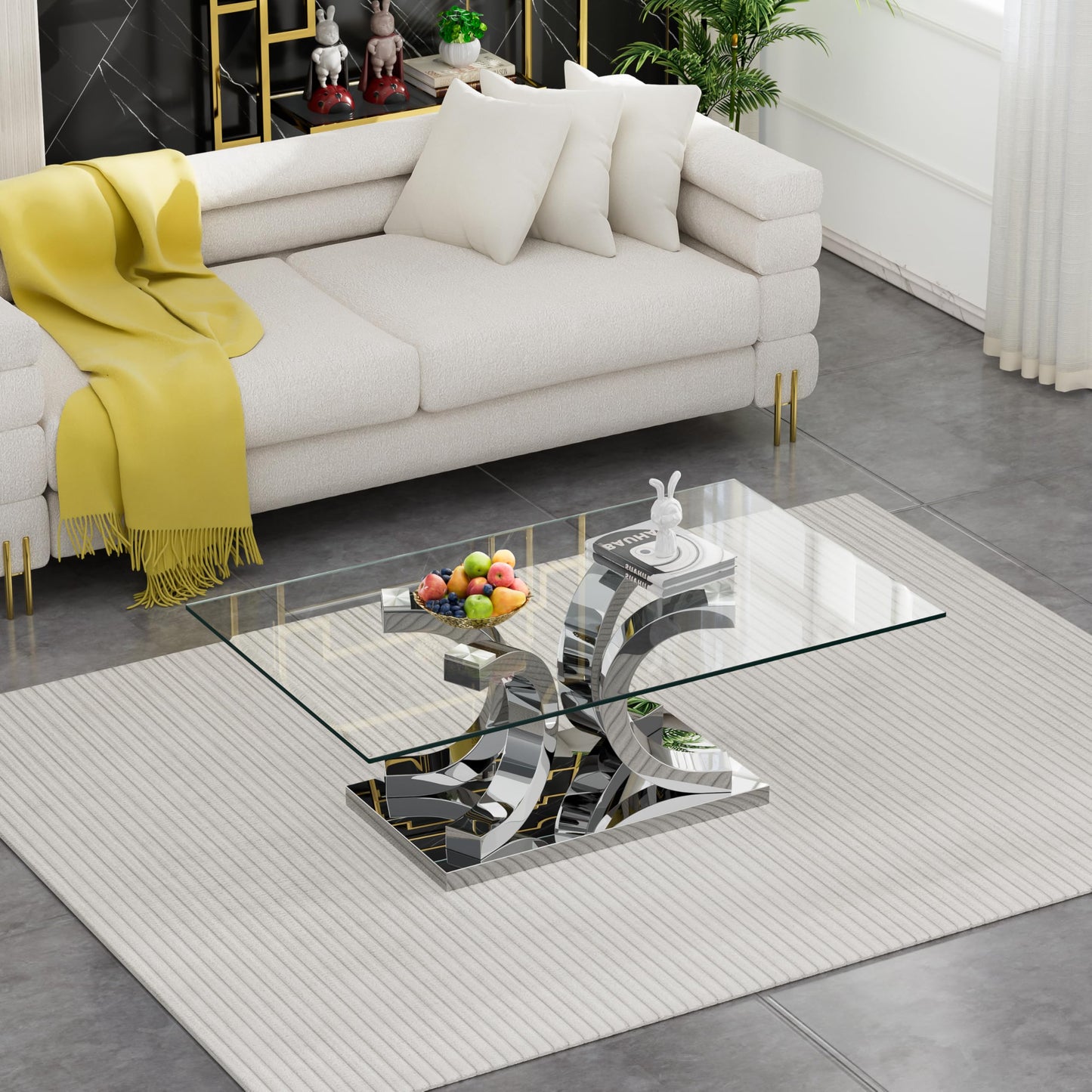 HomVent 3 Piece Glass Coffee Table Set, Living Room Side Table Set of 3, Modern Tempered Glass Coffee Table and 2 End Tables Set with Silver Unique Shapes Stainless Steel Base for Living Room