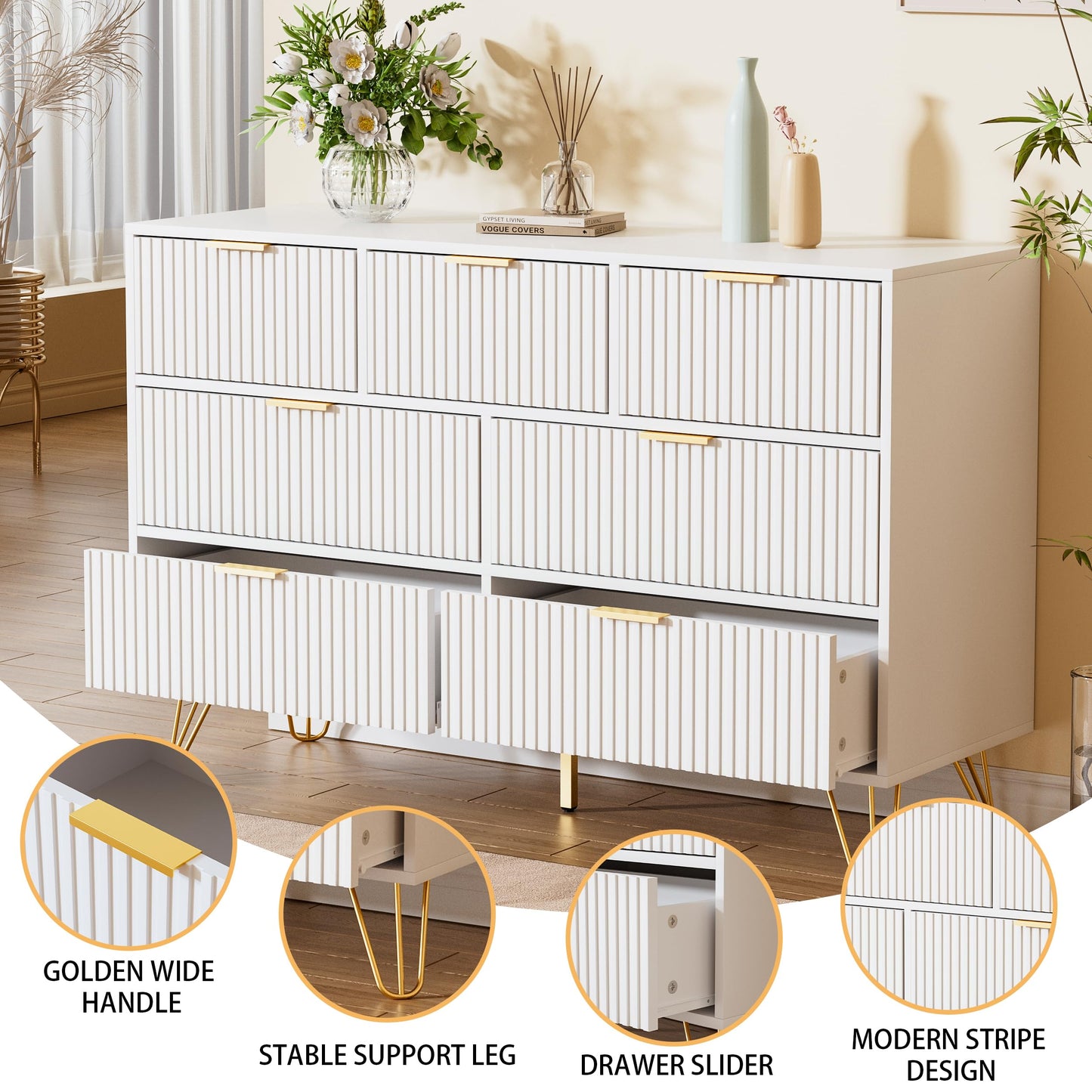 Furniway Dresser for Bedroom, Fluted Modern Dresser with Gold Pulls and 7 Drawers, 15.7" D x 47.2" W x 31.4" H, White