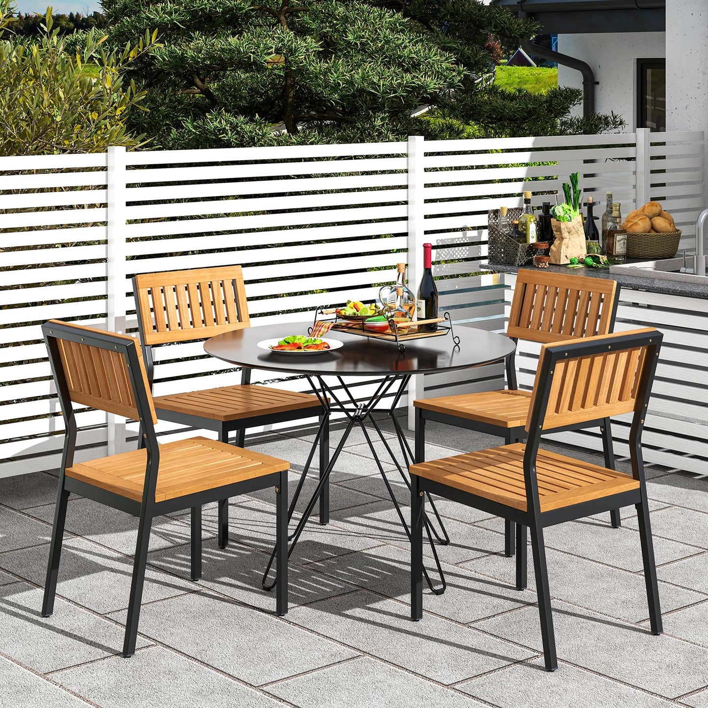 Tangkula Patio Dining Chair Set of 2, Outdoor Armless Chairs w/Metal and Acacia Wood Frame, All-Weather Bistro Chairs, for Indoor Lawn Backyard Patio Garden Deck Balcony