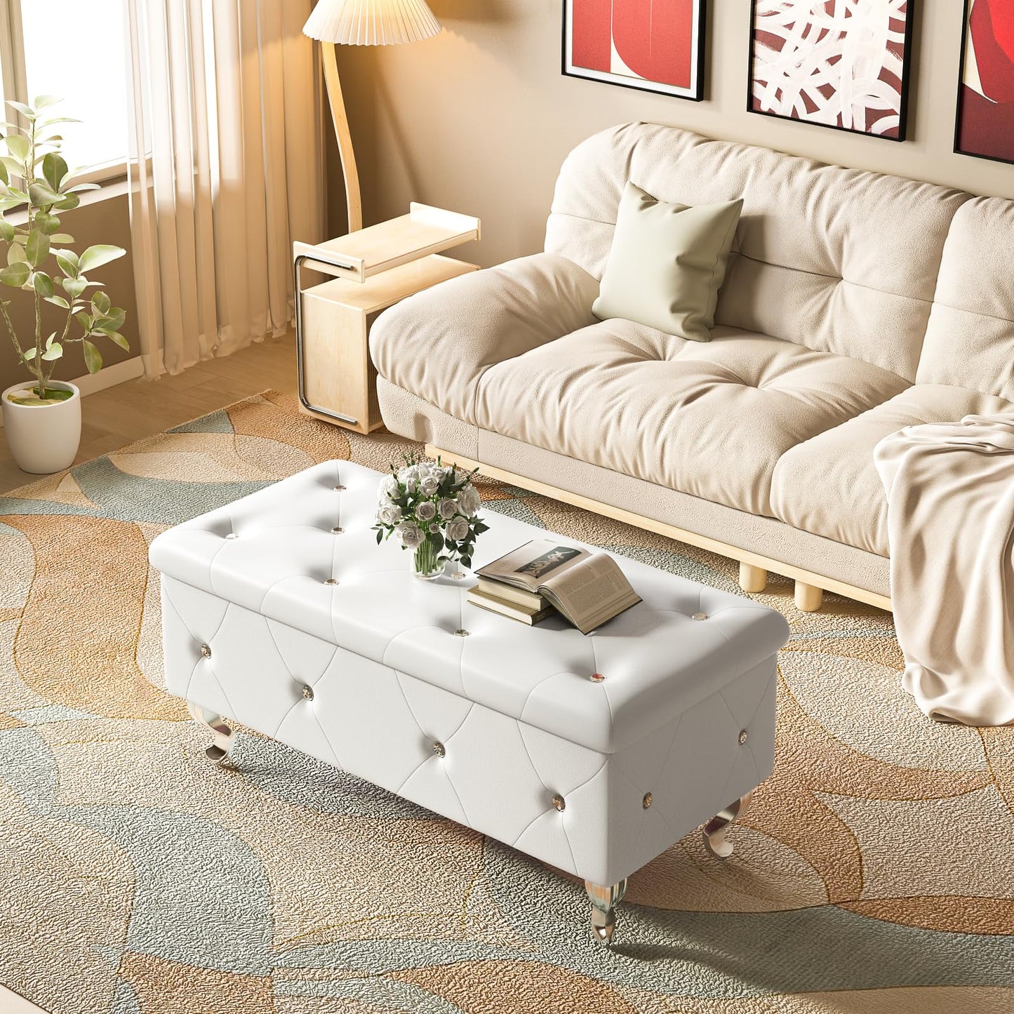 DKLGG Storage Ottoman Bench for Bedroom, Upholstered Entryway Bench with Legs & Safety Hinge, Small Storage Bench for Living Room/End of Bed/Entryway/Window, White