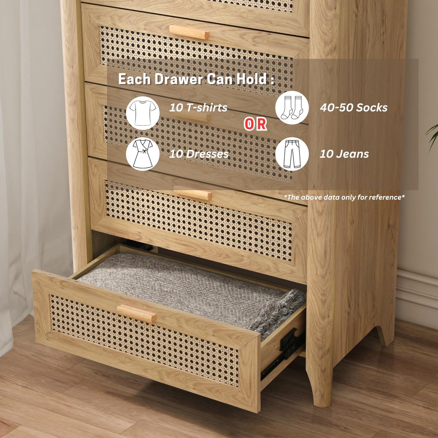 ELISA HOME Fake Rattan 5 Drawers Dresser for Bedroom, 47.2" Tall Modern Chest of Drawers, Wood Drawer Organizer for Clothes, Entryway, Hallway, Nursery or Living Room, Oak