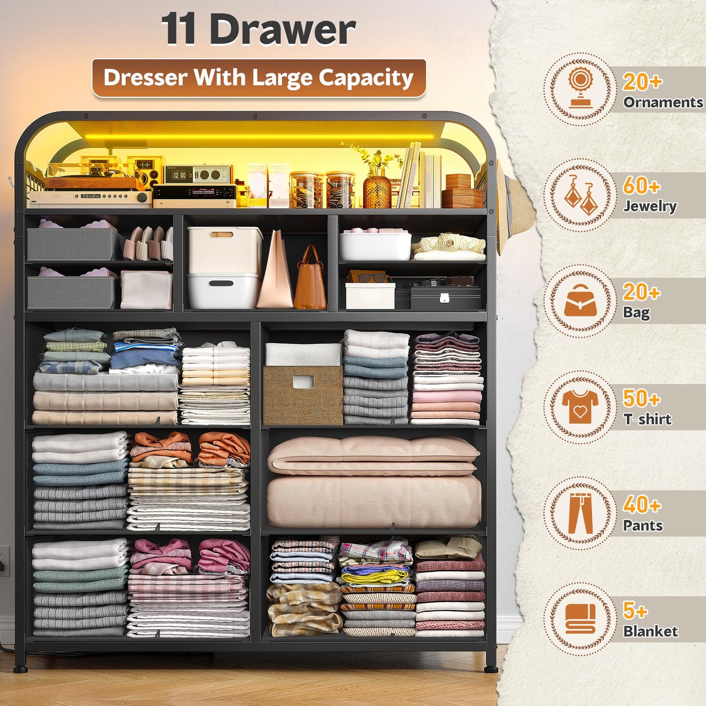 Dresser for Bedroom with 11 Drawers & Station, Chest of Drawers with LED Lights & 4 Hooks, Closet, Living Room, Entryway, Black