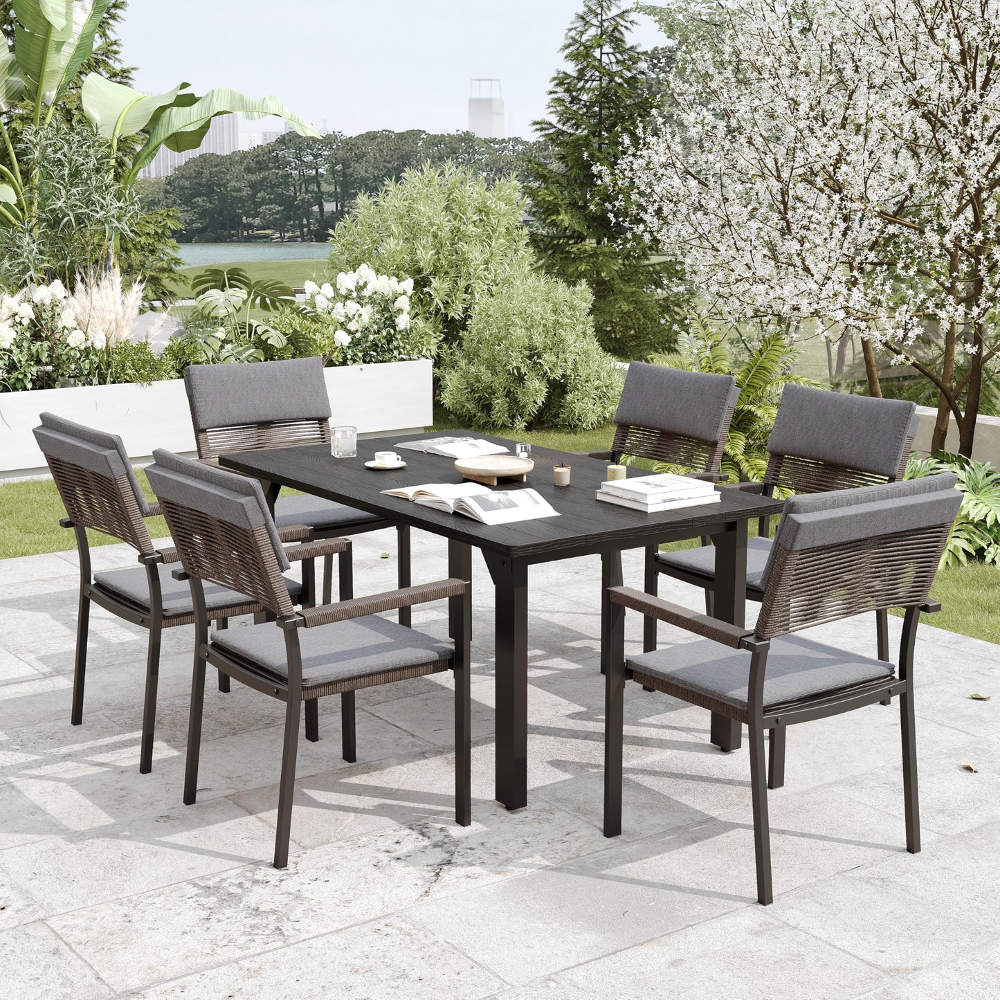 Sundale Outdoor Metal Dining Set for 6, 6-Piece Patio Dining Table and Stackable Rattan Chairs Set with Headrests and Cushions for Backyard, Garden, Deck, Dark Gray