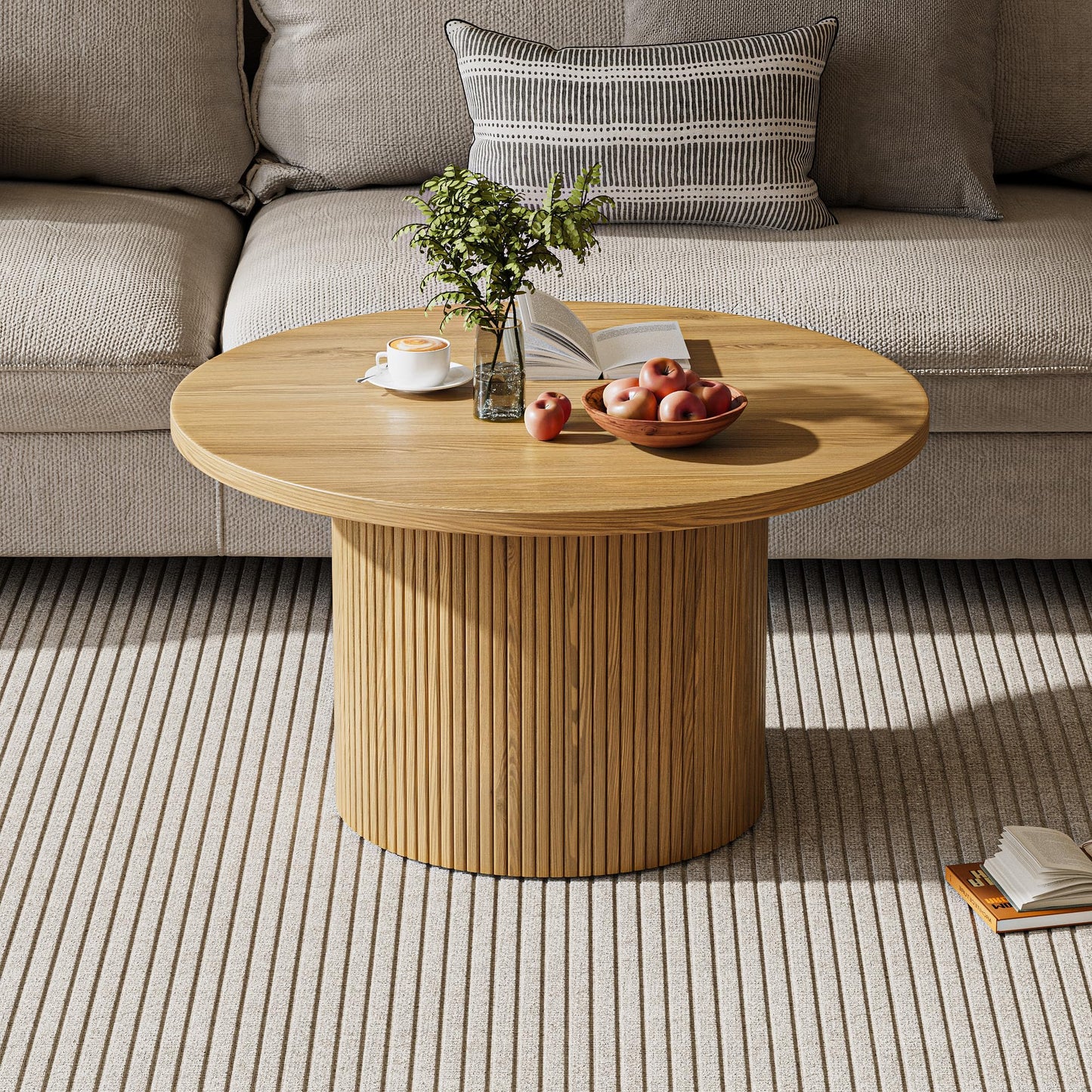MAISONARIA Round Coffee Table with Storage, 35" Coffee Tables for Living Room, Circle Wood Accent Center Table for Apartment, Oak
