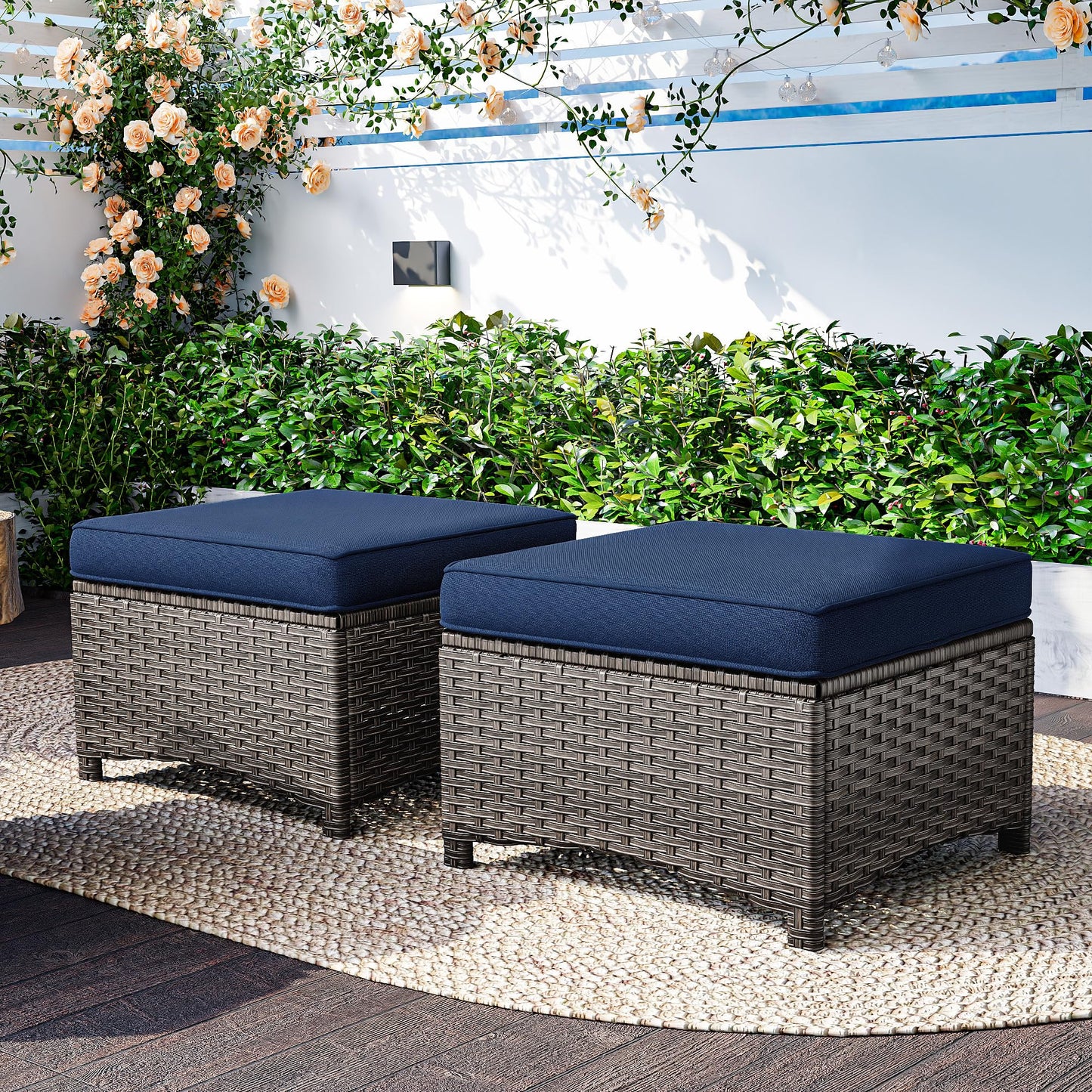 MaxMulti 2 Pieces Patio Ottomans, Outdoor Wicker Footrest Seat with Removable Cushions, Multipurpose Patio Furniture for Outdoor, Backyard and Deck Use (Blue)