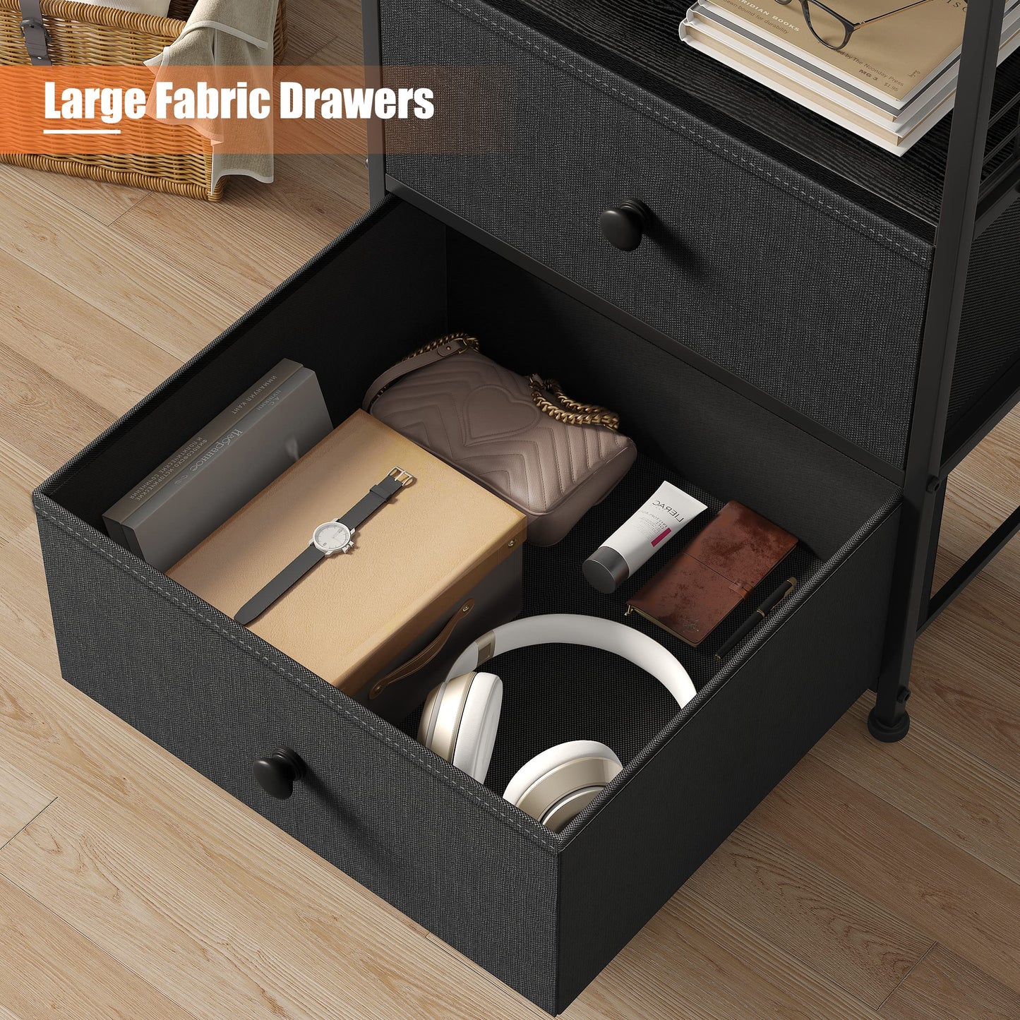 Nightstand Set of 2, 17.8"W Bedside Table with Fabric Drawers and Open Wood Shelf Storage, Safety Netting on Both Sides of Bedside Table,Night Stand for Bedroom,Closet, Hallway, Dorm,Black and Gray